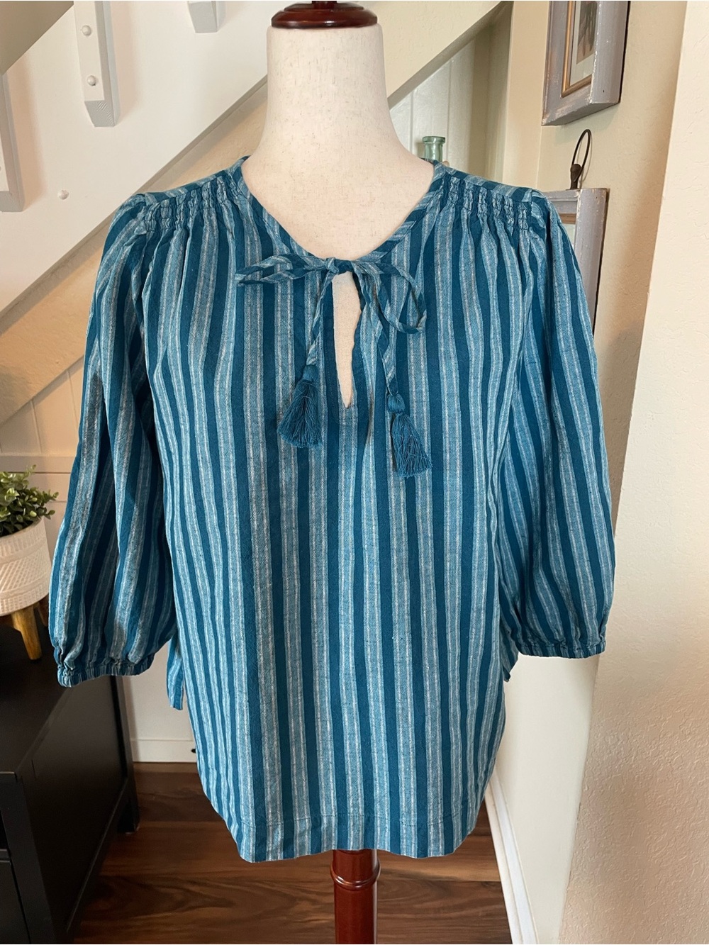 LOFT Beach Blue Striped Linen Blend Peasant Blouse Tassel Tie Top Size M